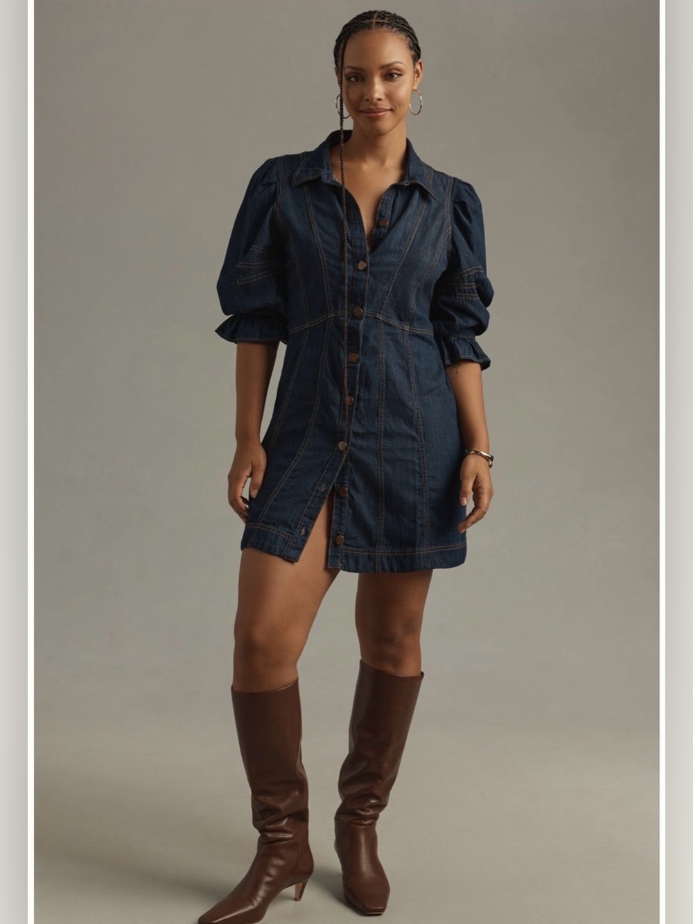 Anthropologie Puff-SleeveDenim Mini Shirt Dress Sz 2 - Picture 2 of 9